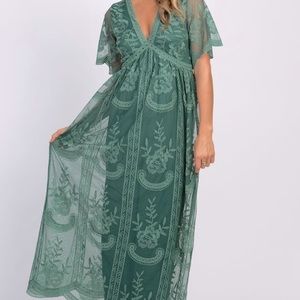 Teal Green Lace Mesh Overlay Maxi Dress